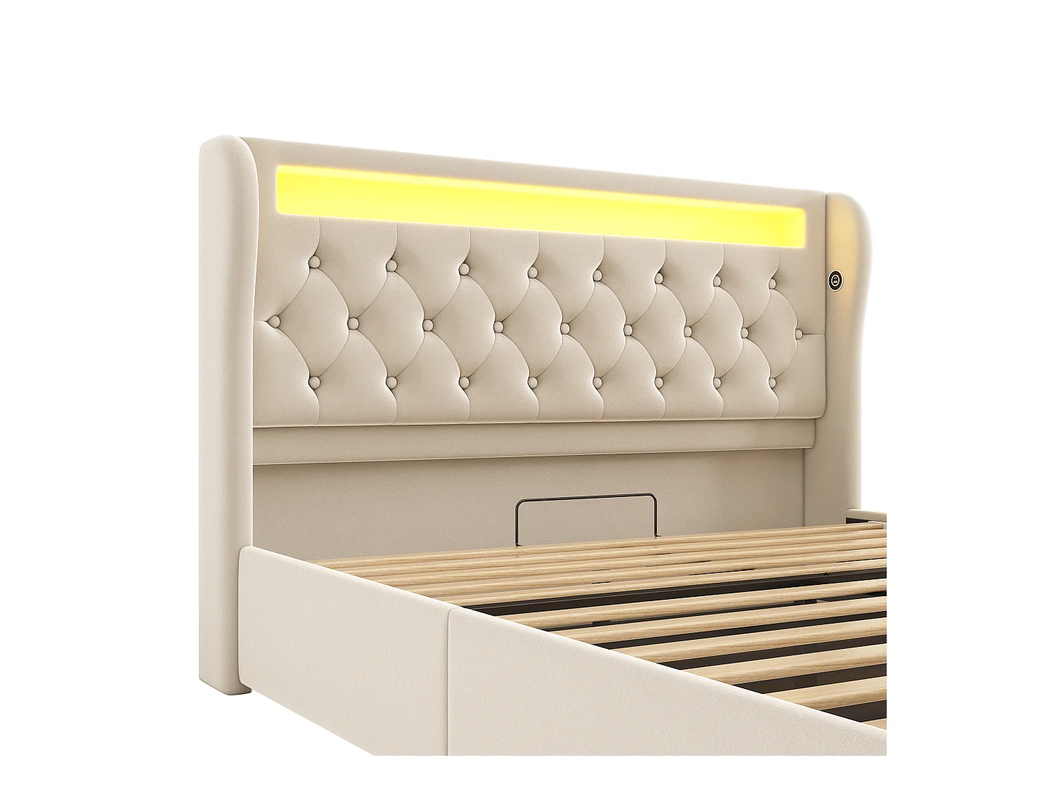 Lit hydraulique pour adulte 160 x 200 cm, avec éclairage LED, ports USB et Type-C, couleur beige, velours (sans matelas)