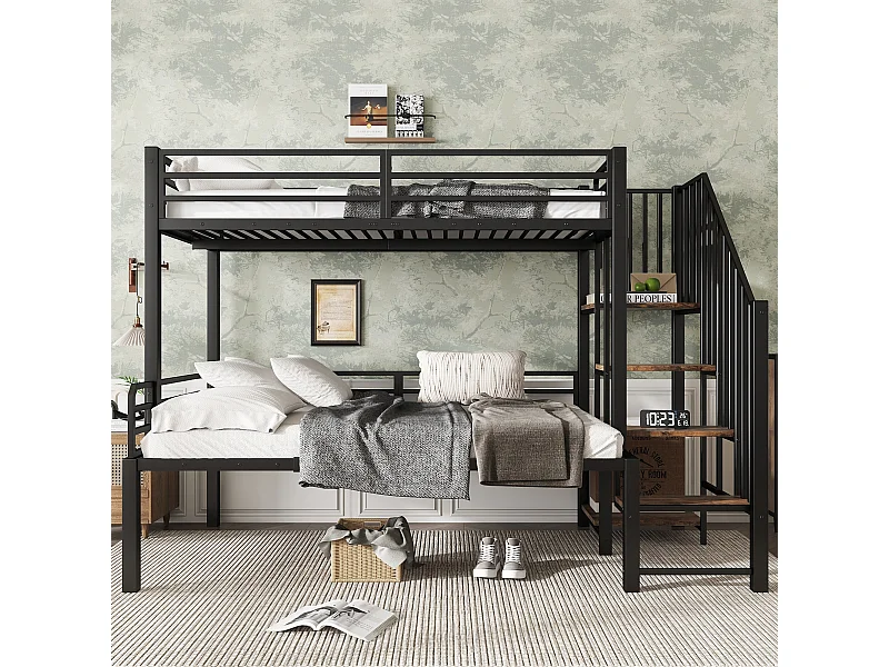 Letto a castello per bambini, ferro + pannello in fibra a media densità, nero + colore legno vintage, 90 x 200 cm e 120 x 200 cm