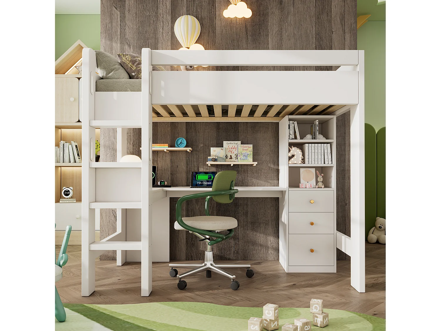 Hoogslaper voor kinderen 90 × 200 cm, met L-vormig bureau, plank en lades, USB/Type-C-oplaadzone, met ladder en houten latten, wit