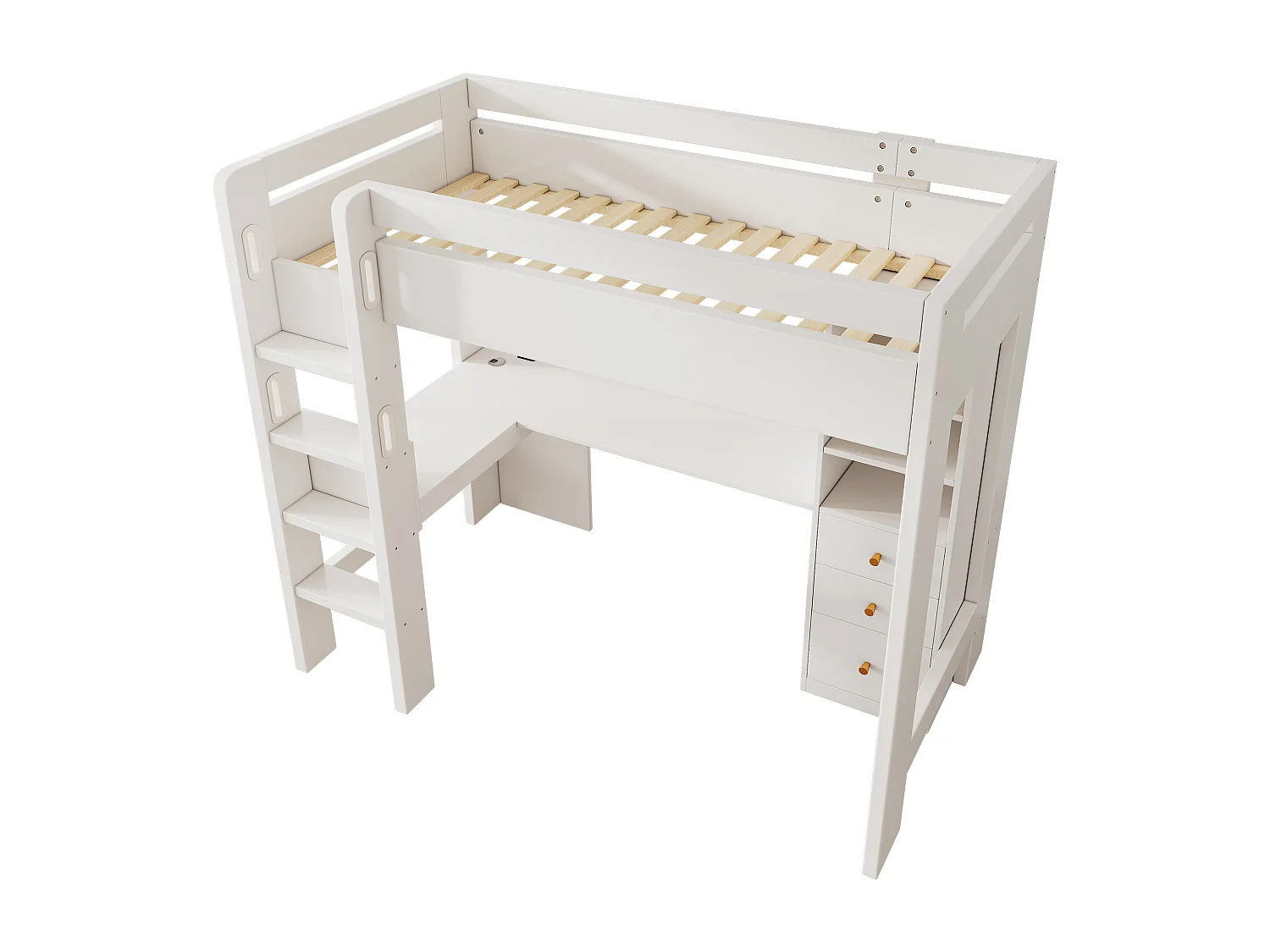 Hoogslaper voor kinderen 90 × 200 cm, met L-vormig bureau, plank en lades, USB/Type-C-oplaadzone, met ladder en houten latten, wit