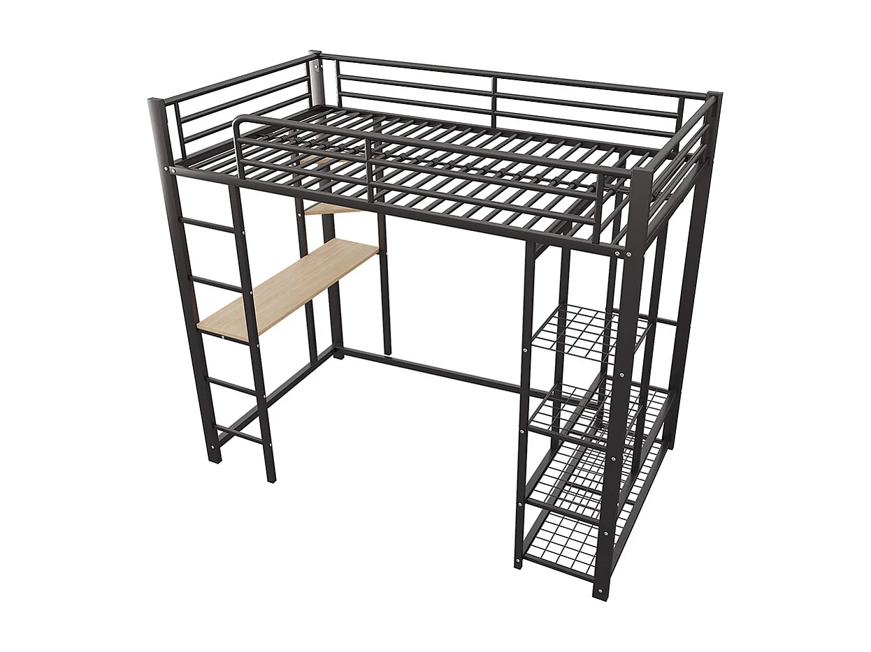 Lit mezzanine 90 x 200 cm, avec table, échelle, conception suspendue, compartiments de rangement, noir