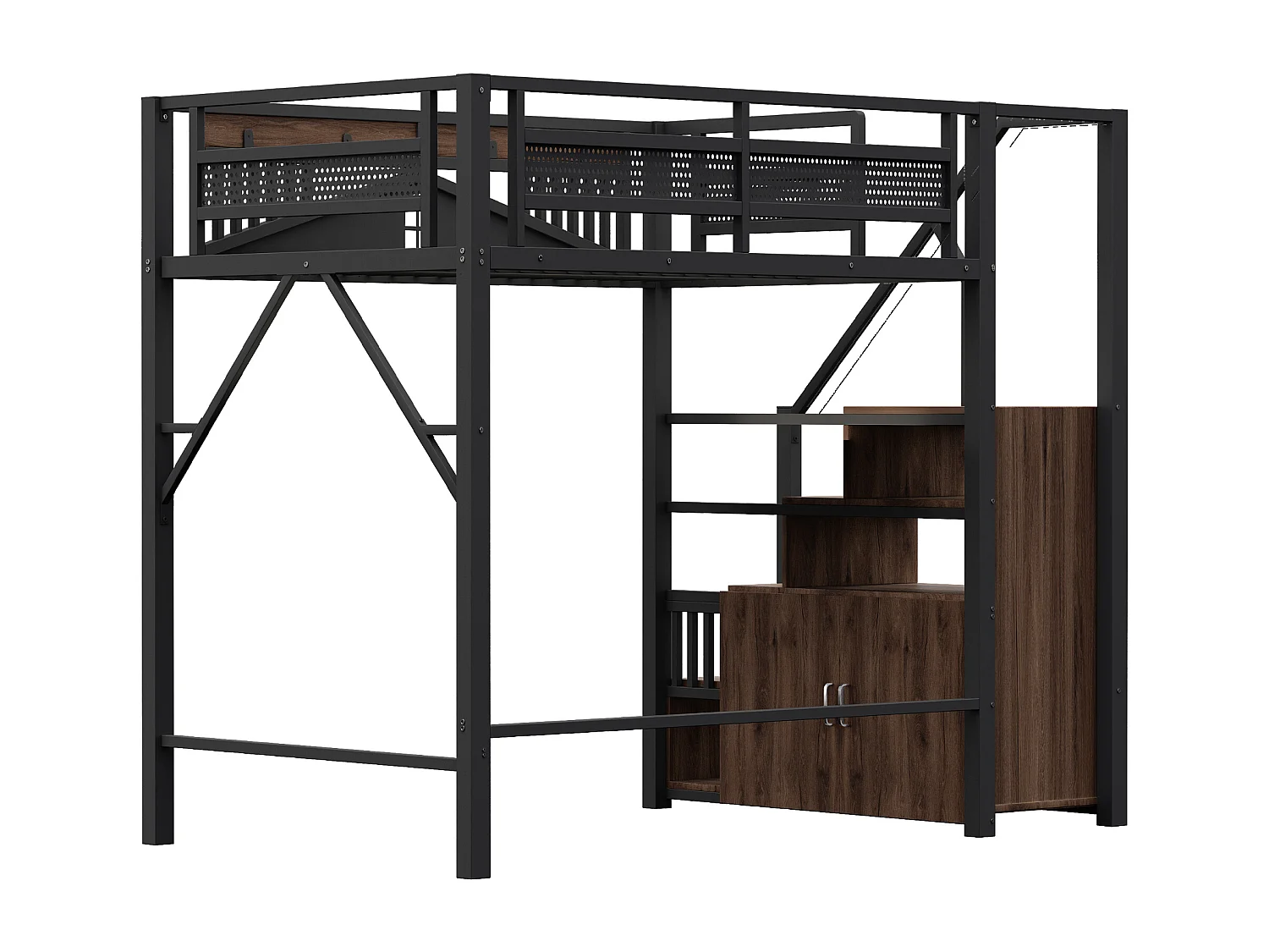 Cama alta de 140 x 200 cm, barreras de seguridad, escalera que se puede mover de izquierda a derecha, color negro