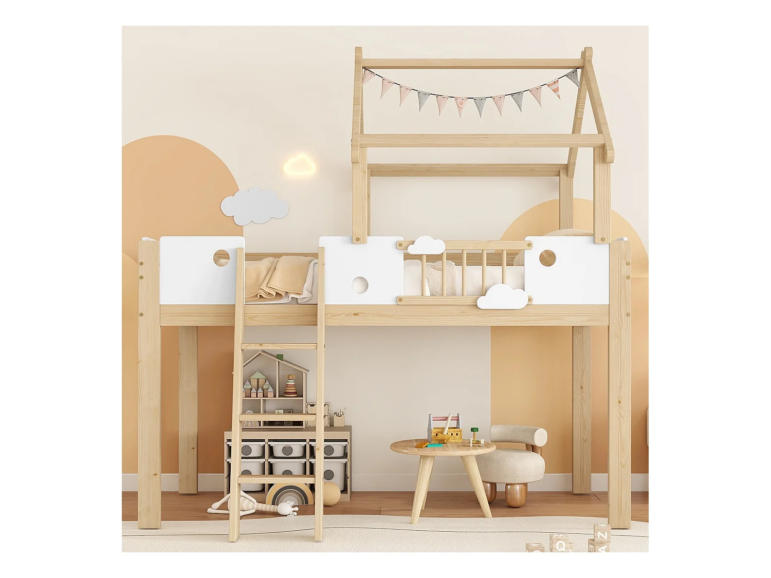 Lit mezzanine pour enfant, 90 x 200 cm, avec barrières de sécurité et garde-corps, échelle à trois marches, blanc + couleur naturelle