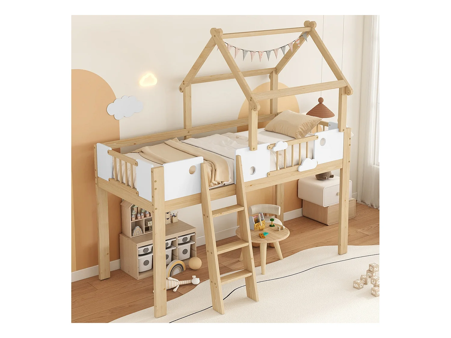 Lit mezzanine pour enfant, 90 x 200 cm, avec barrières de sécurité et garde-corps, échelle à trois marches, blanc + couleur naturelle