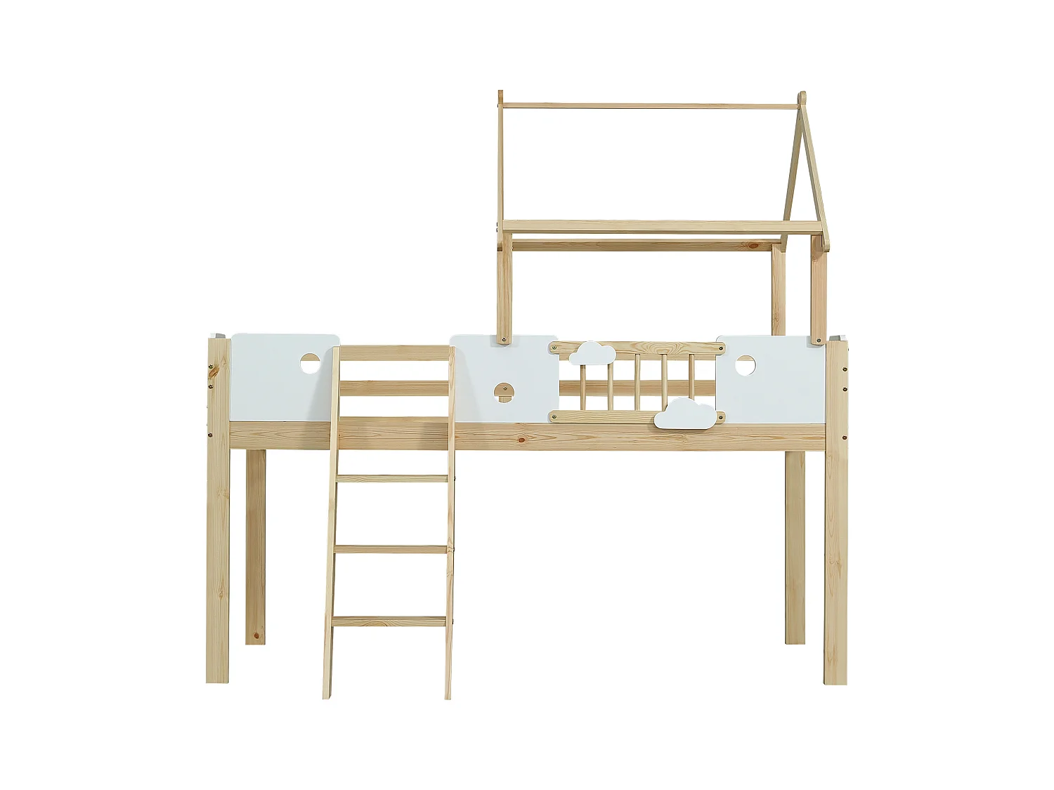 Lit mezzanine pour enfant, 90 x 200 cm, avec barrières de sécurité et garde-corps, échelle à trois marches, blanc + couleur naturelle