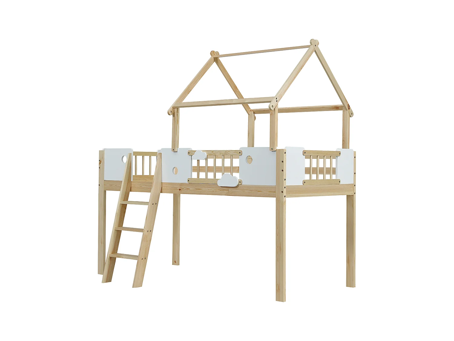Lit mezzanine pour enfant, 90 x 200 cm, avec barrières de sécurité et garde-corps, échelle à trois marches, blanc + couleur naturelle