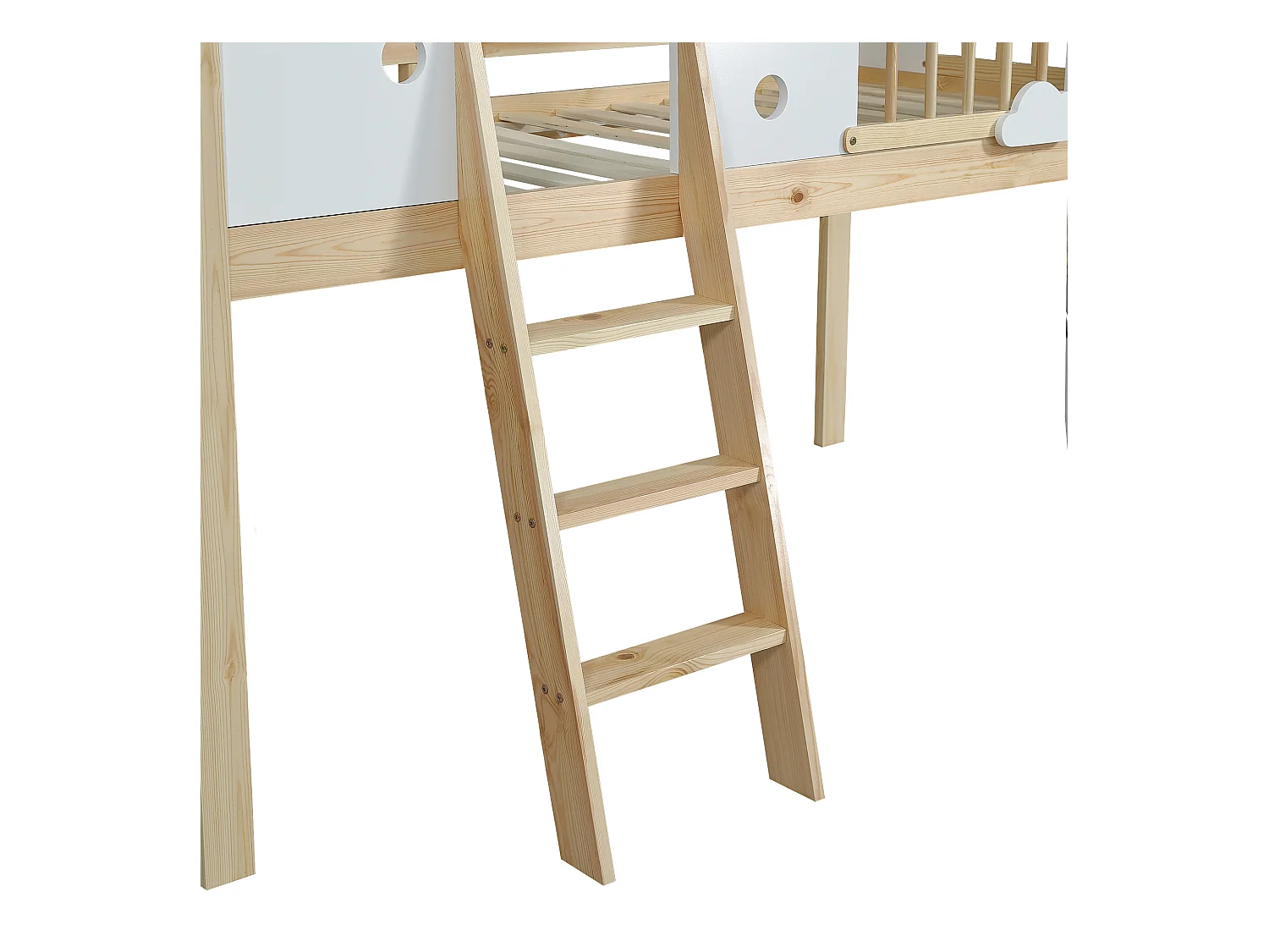 Lit mezzanine pour enfant, 90 x 200 cm, avec barrières de sécurité et garde-corps, échelle à trois marches, blanc + couleur naturelle