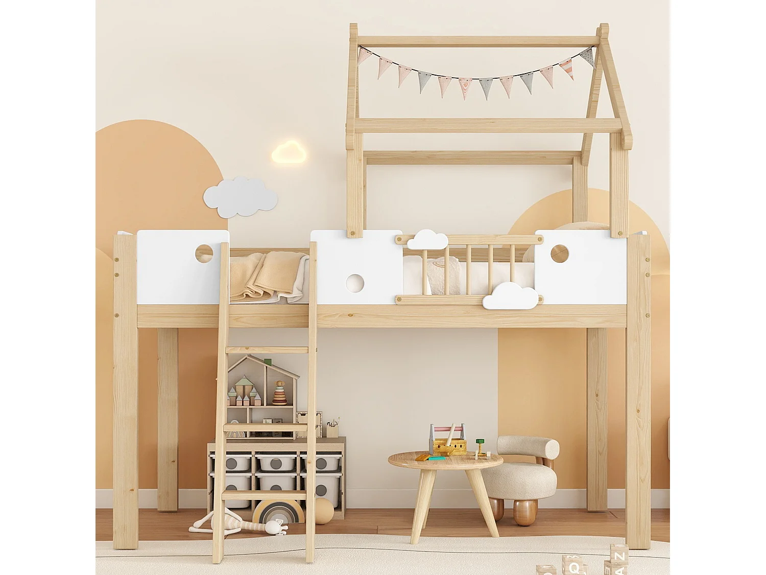 Lit mezzanine pour enfant, 90 x 200 cm, avec barrières de sécurité et garde-corps, échelle à trois marches, blanc + couleur naturelle