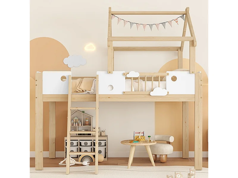 Lit mezzanine pour enfant, 90 x 200 cm, avec barrières de sécurité et garde-corps, échelle à trois marches, blanc + couleur naturelle