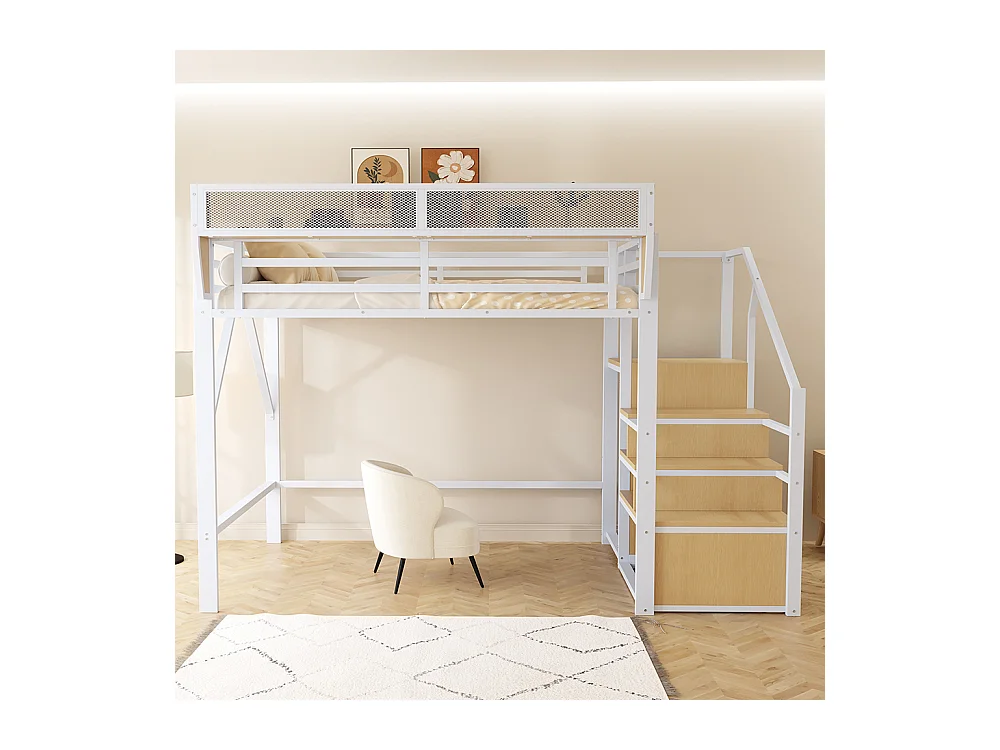 Lit pour enfant, lit mezzanine 140x200, avec échelle de sécurité, blanc
