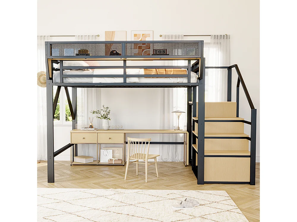 Lit pour enfant, lit mezzanine 140x200, avec échelle de sécurité,Noir