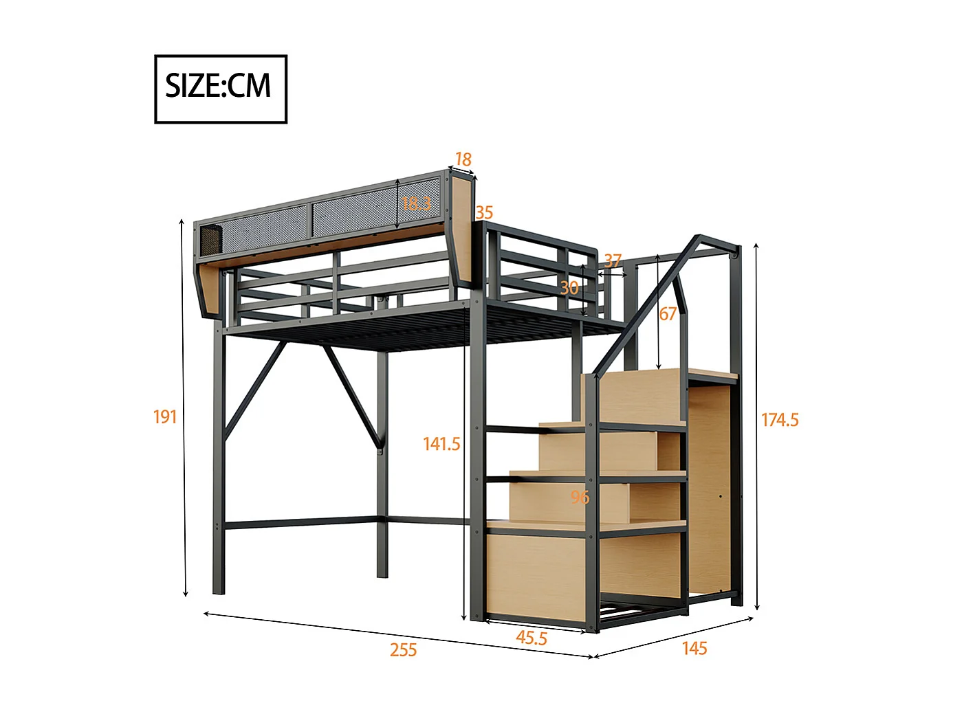 Lit pour enfant, lit mezzanine 140x200, avec échelle de sécurité,Noir