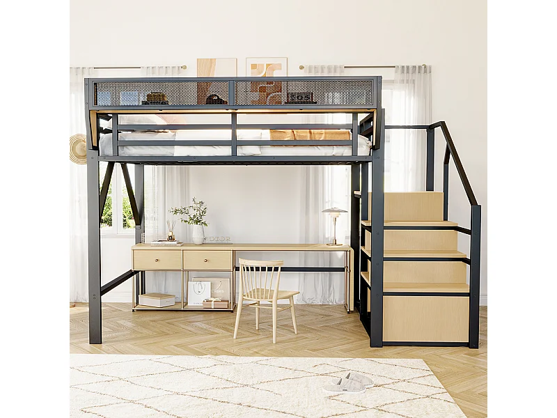 Letto per bambini, letto a soppalco 140x200, con scala di sicurezza, nero