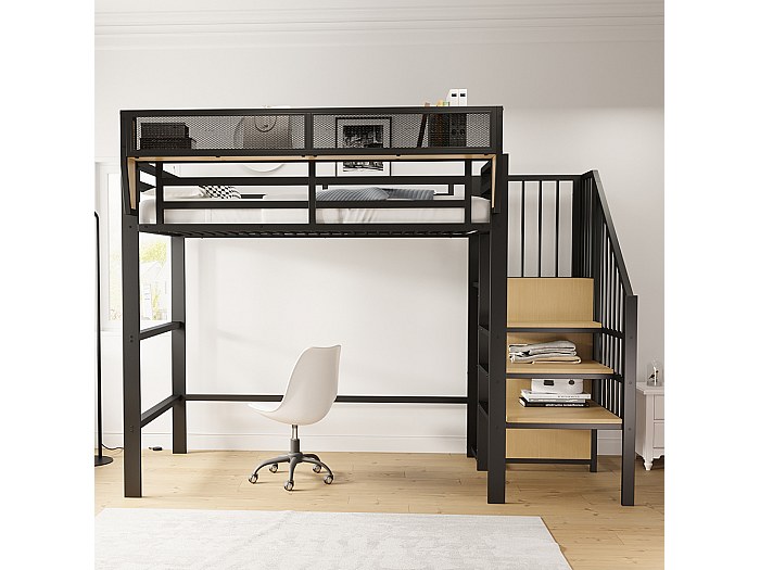 Metalen hoogslaper 90 x 200 cm, veiligheidsladder met traptreden