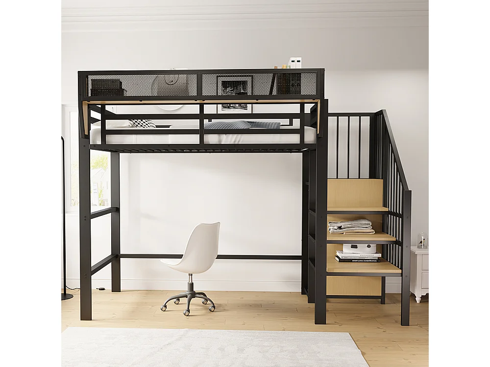 Kinderbett, Hochbett 90x200, mit Sicherheitsleiter, schwarz