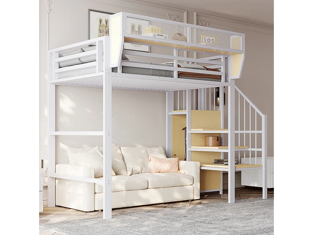 Kinderbed, hoogslaper 90x200, met veiligheidsladder, wit