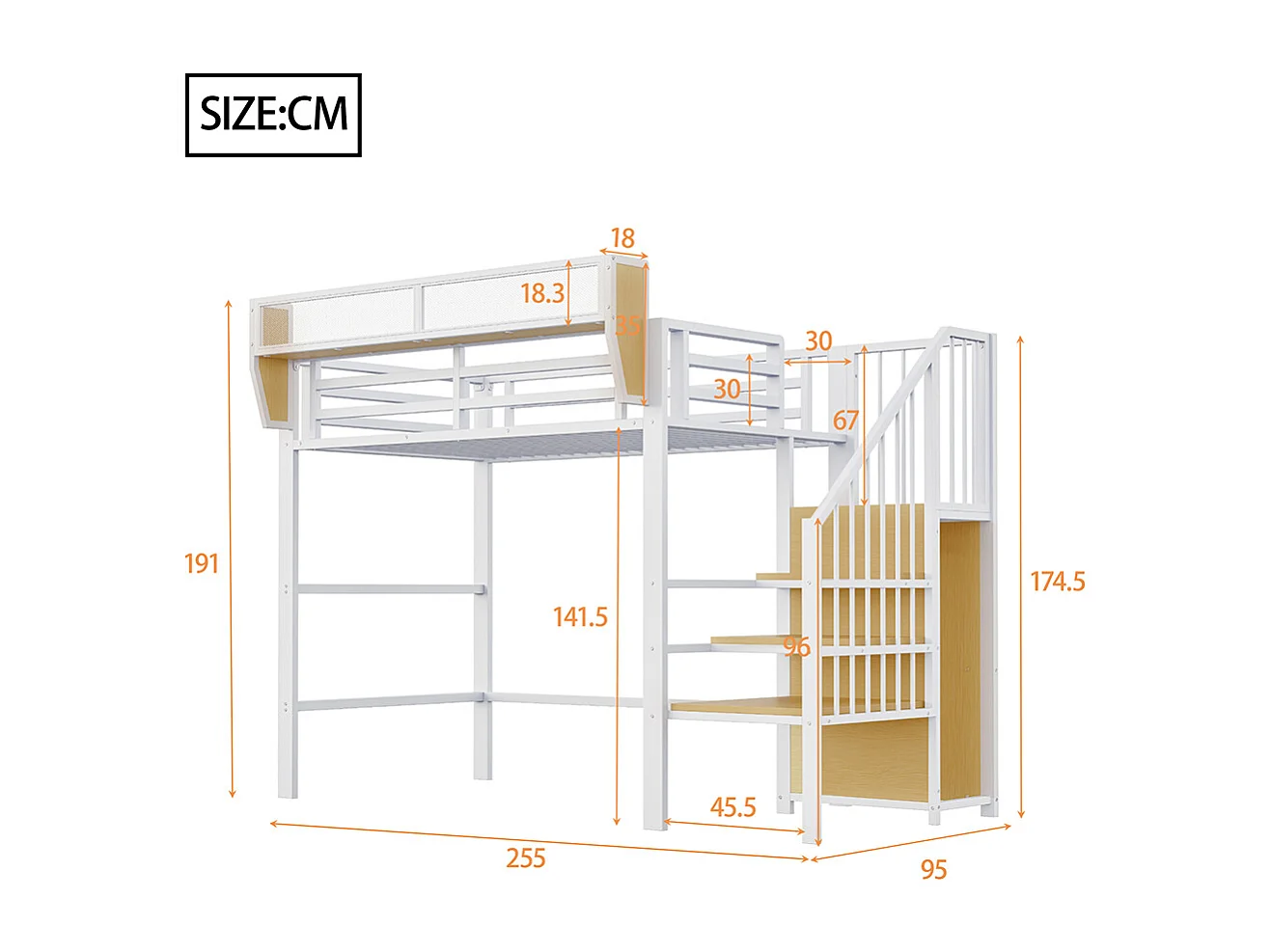 Kinderbed, hoogslaper 90x200, met veiligheidsladder, wit