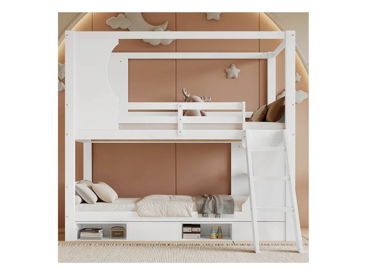 Lit superposé pour enfants 90 x 200 cm, avec barrières de sécurité, table, armoire à chaussures, échelle inclinée, blanc