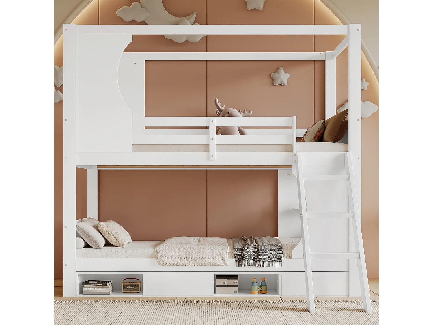 Etagenbett für Kinder 90 x 200 cm, mit Sicherheitsbarrieren, Tisch, Schuhschrank, schräge Leiter, weiß