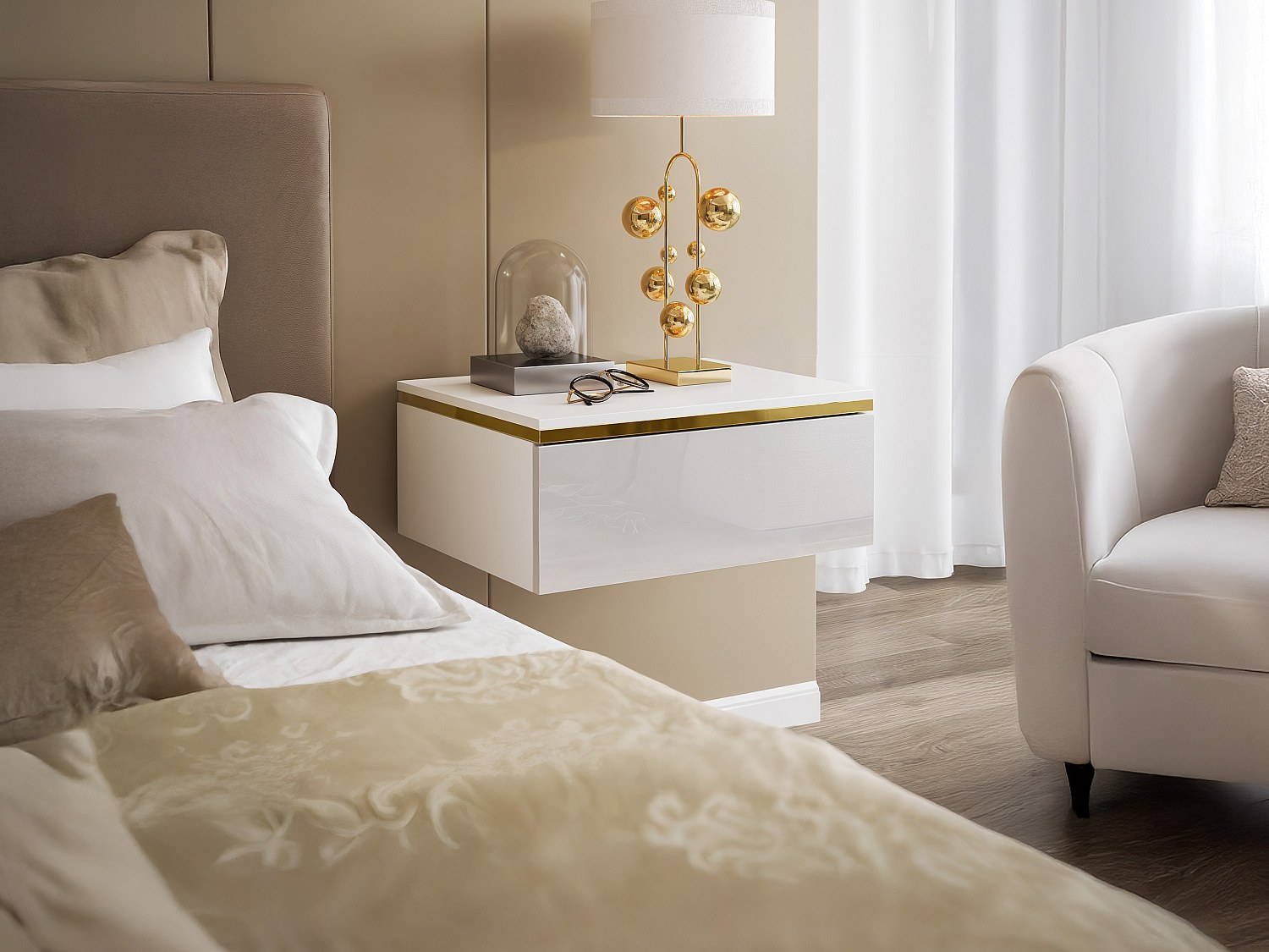 Hängender Nachttisch mit 1 Schublade - Hochglanz Weiß & Gold - VUKIA von Pa günstig online kaufen