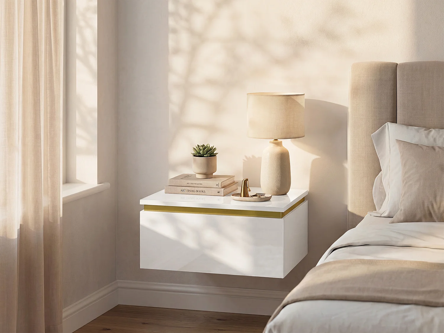 Floating bedside table with 1 drawer - Gloss white and gold - VUKIA