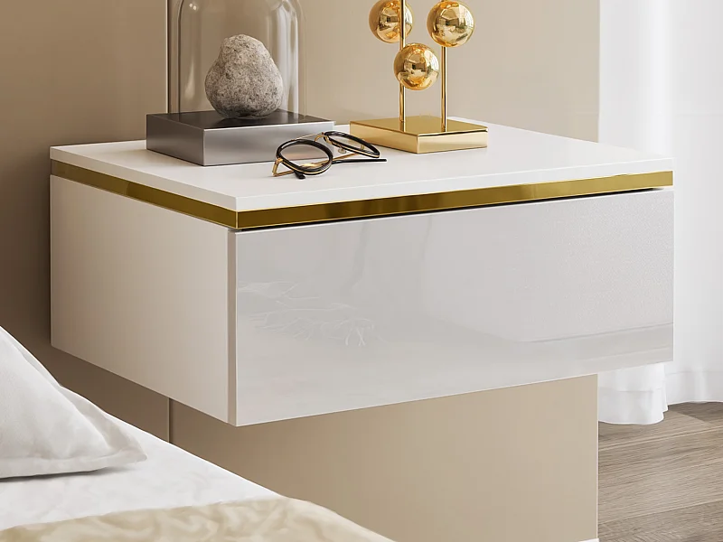 Väggmonterat sängbord med 1 låda - Högglans vit och guld - VUKIA av Pascal Morabito