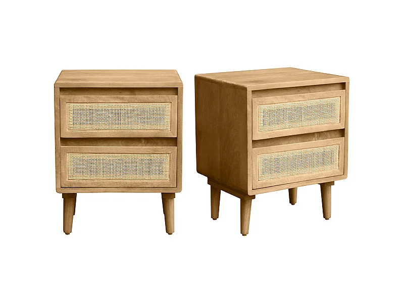 Tables de chevet en bois manguier massif et cannage rotin avec rangements 2 tiroirs (lot de 2) ACANGE