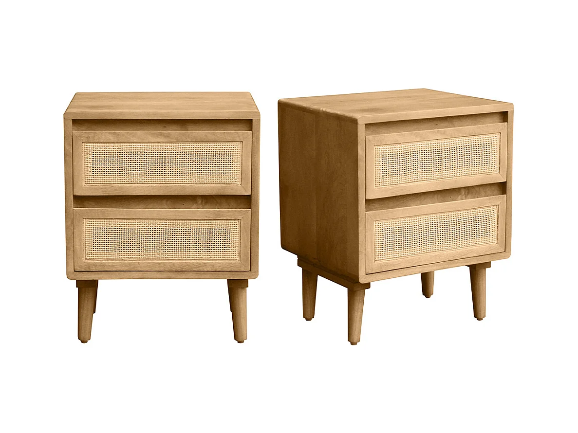 Tables de chevet en bois manguier massif et cannage rotin avec rangements 2 tiroirs (lot de 2) ACANGE
