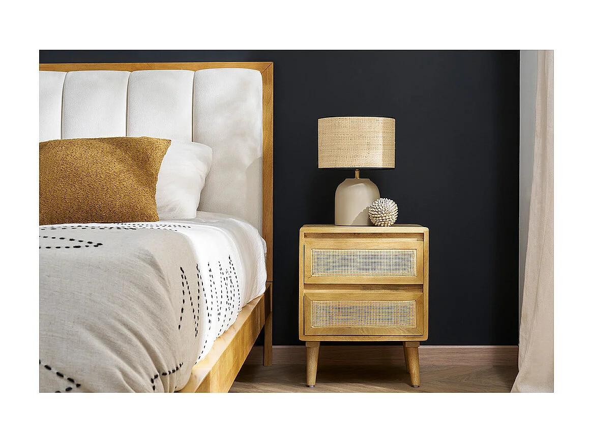 Tables de chevet en bois manguier massif et cannage rotin avec rangements 2 tiroirs (lot de 2) ACANGE