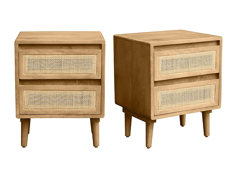 Tables de chevet en bois manguier massif et cannage rotin avec rangements 2 tiroirs (lot de 2) ACANGE