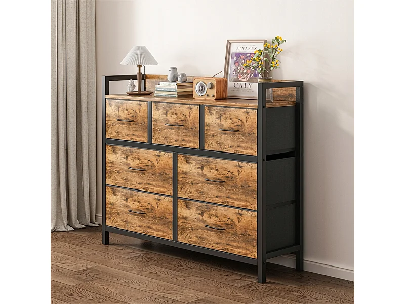 Cómoda, bronce industrial, rústica, con 7 cajones