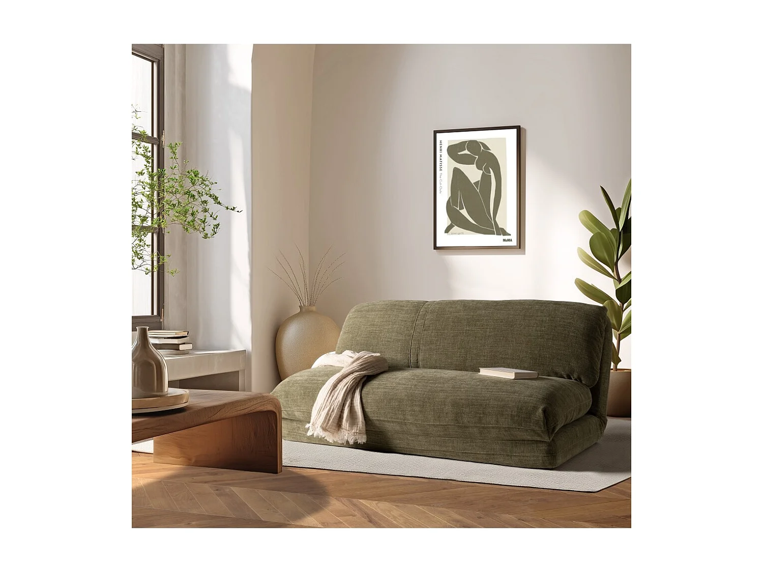 Canapé convertible 2 places en tissu vert ANGELE