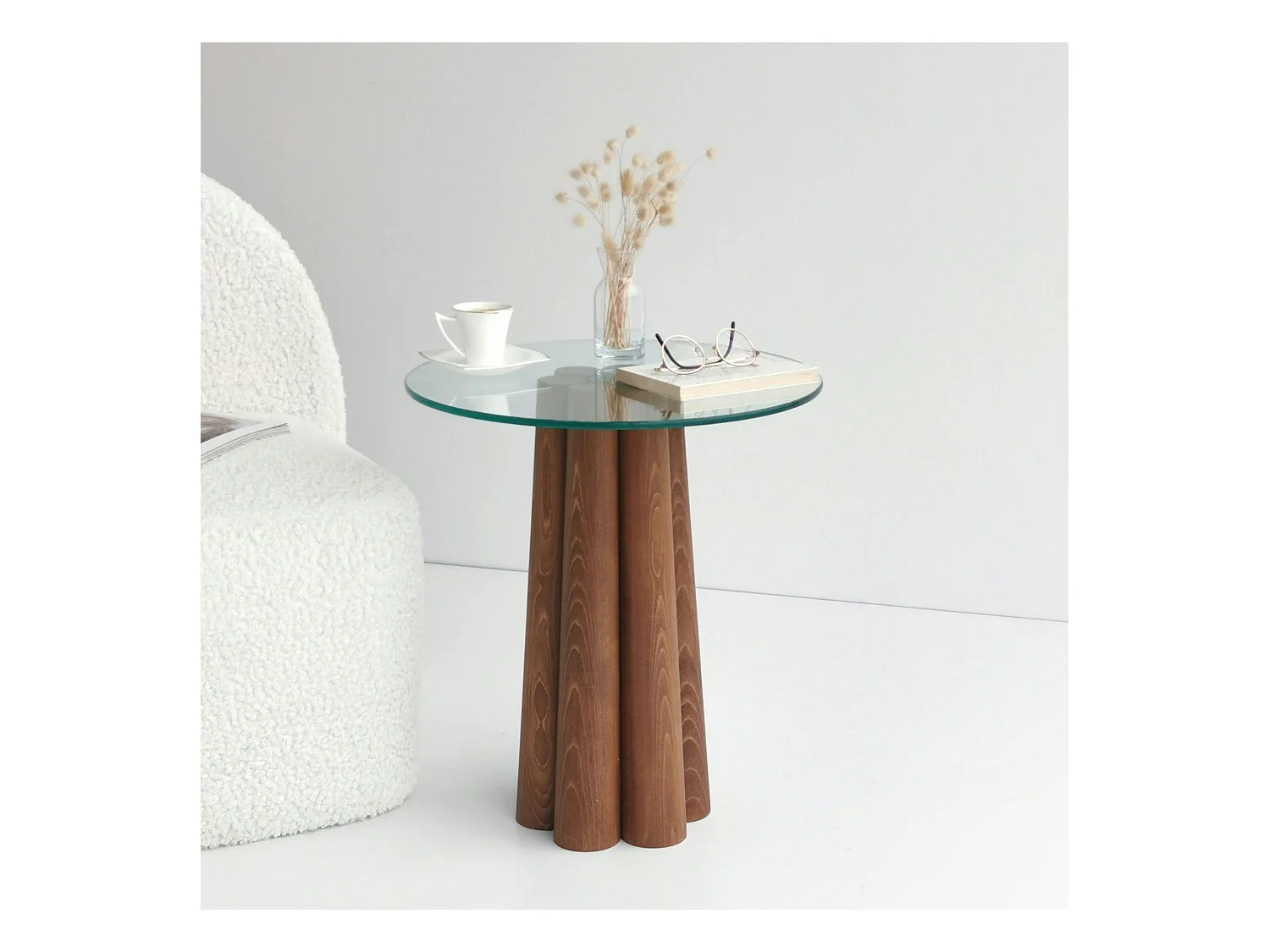 Bout de canapé en verre et bois brun - base sculptée ANZIO
