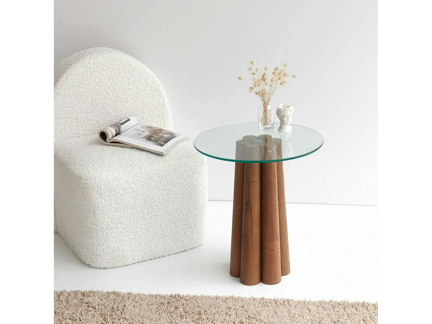 Bout de canapé en verre et bois brun - base sculptée ANZIO