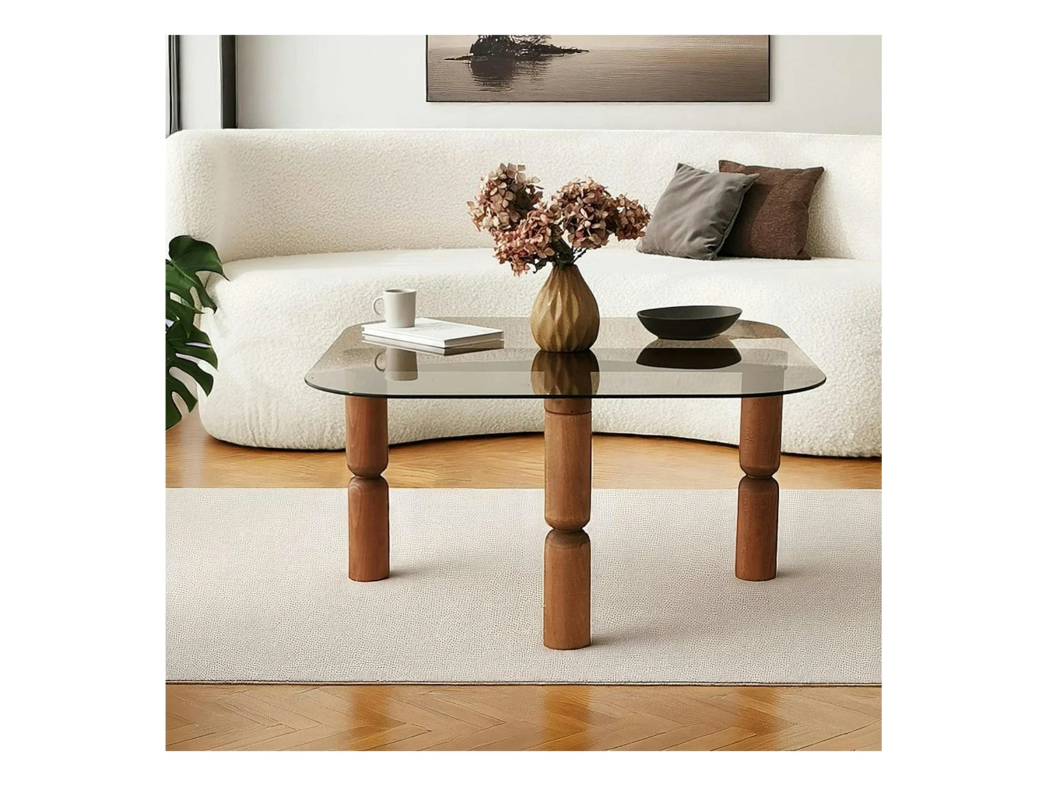 Table basse carrée en verre fumé - pieds bois marron sculpté BOMA