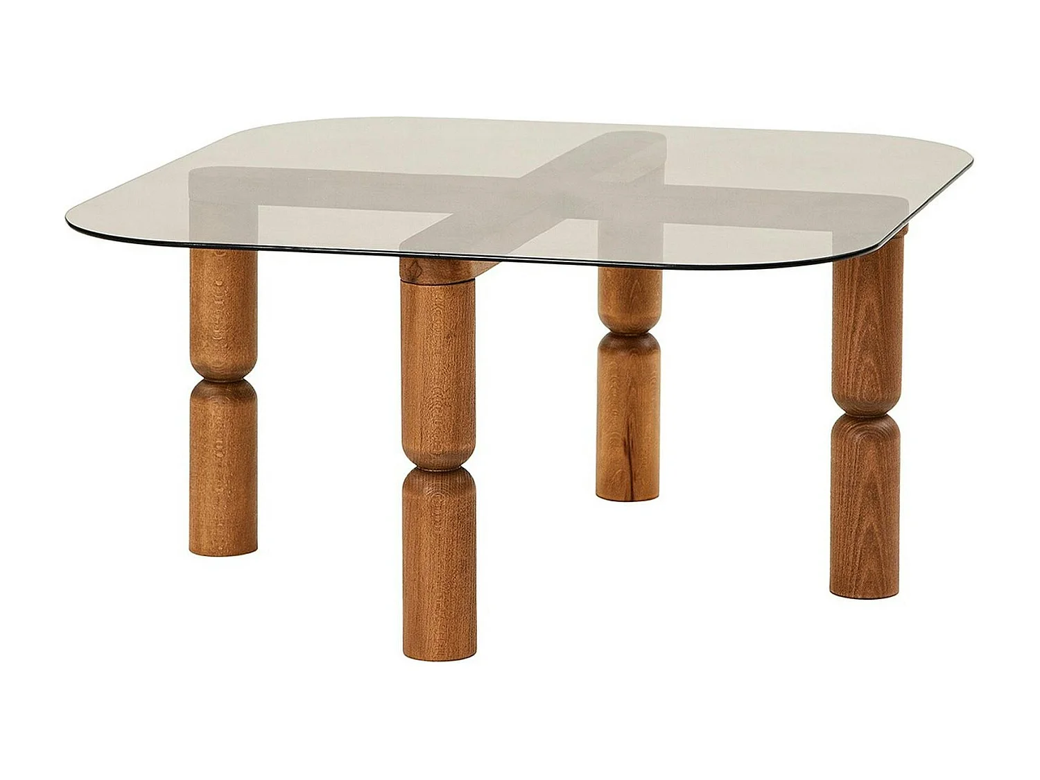 Table basse carrée en verre fumé - pieds bois marron sculpté BOMA