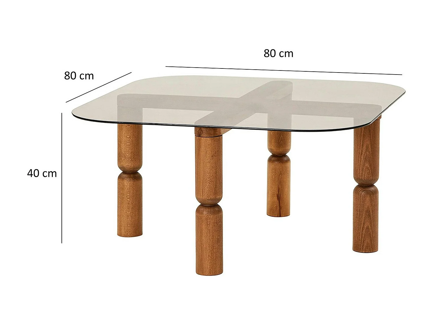 Table basse carrée en verre fumé - pieds bois marron sculpté BOMA