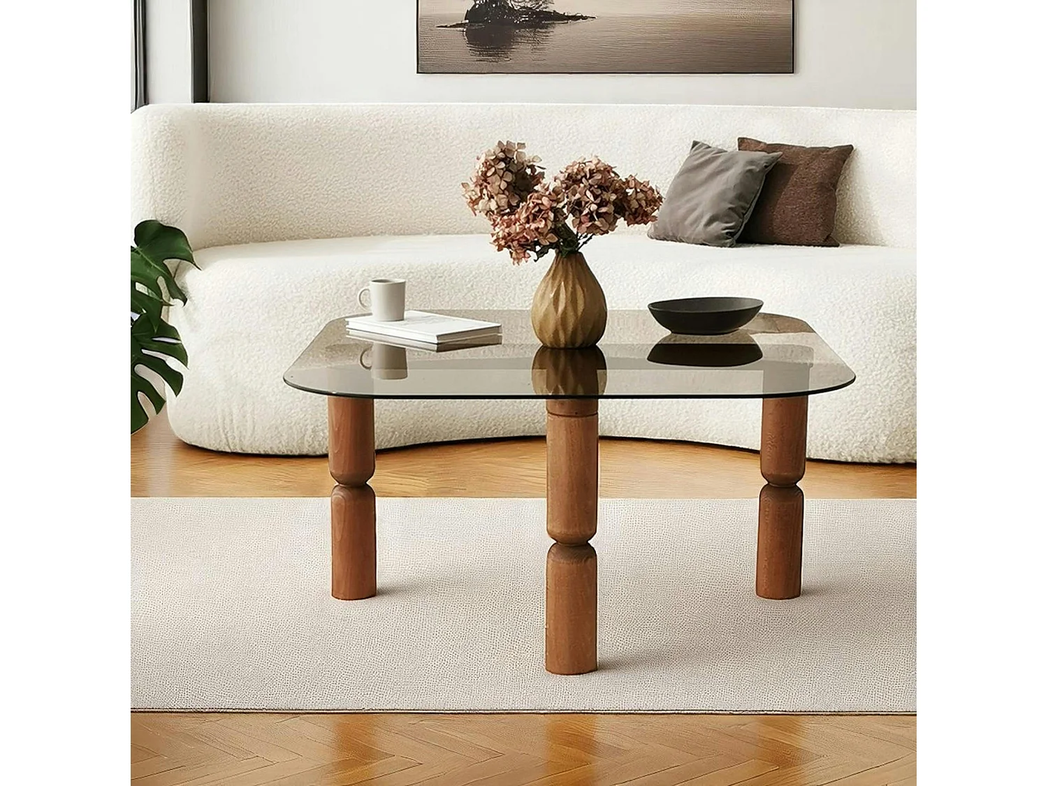 Table basse carrée en verre fumé - pieds bois marron sculpté BOMA