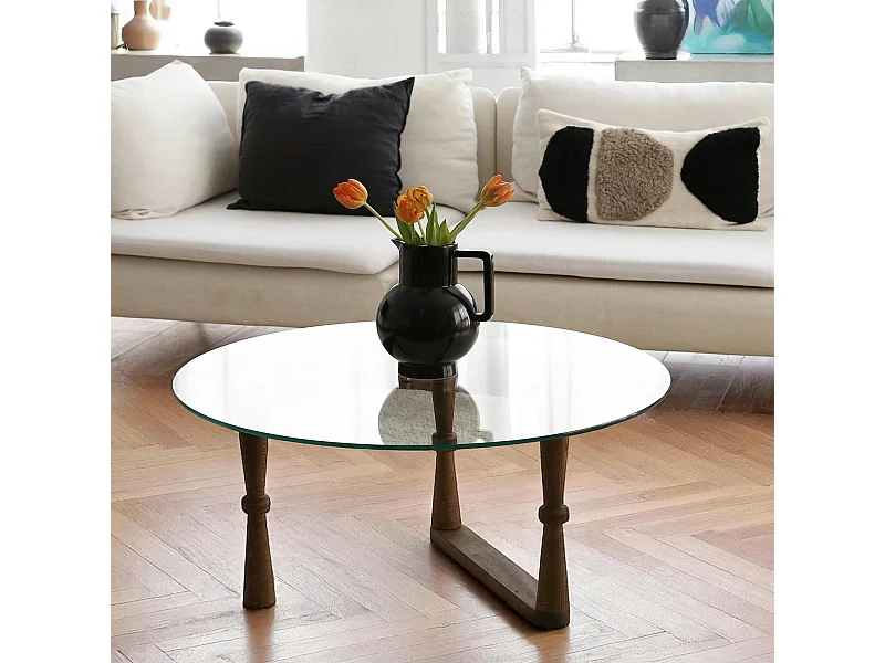 Table basse en verre ronde - pied bois sculpté BOMA