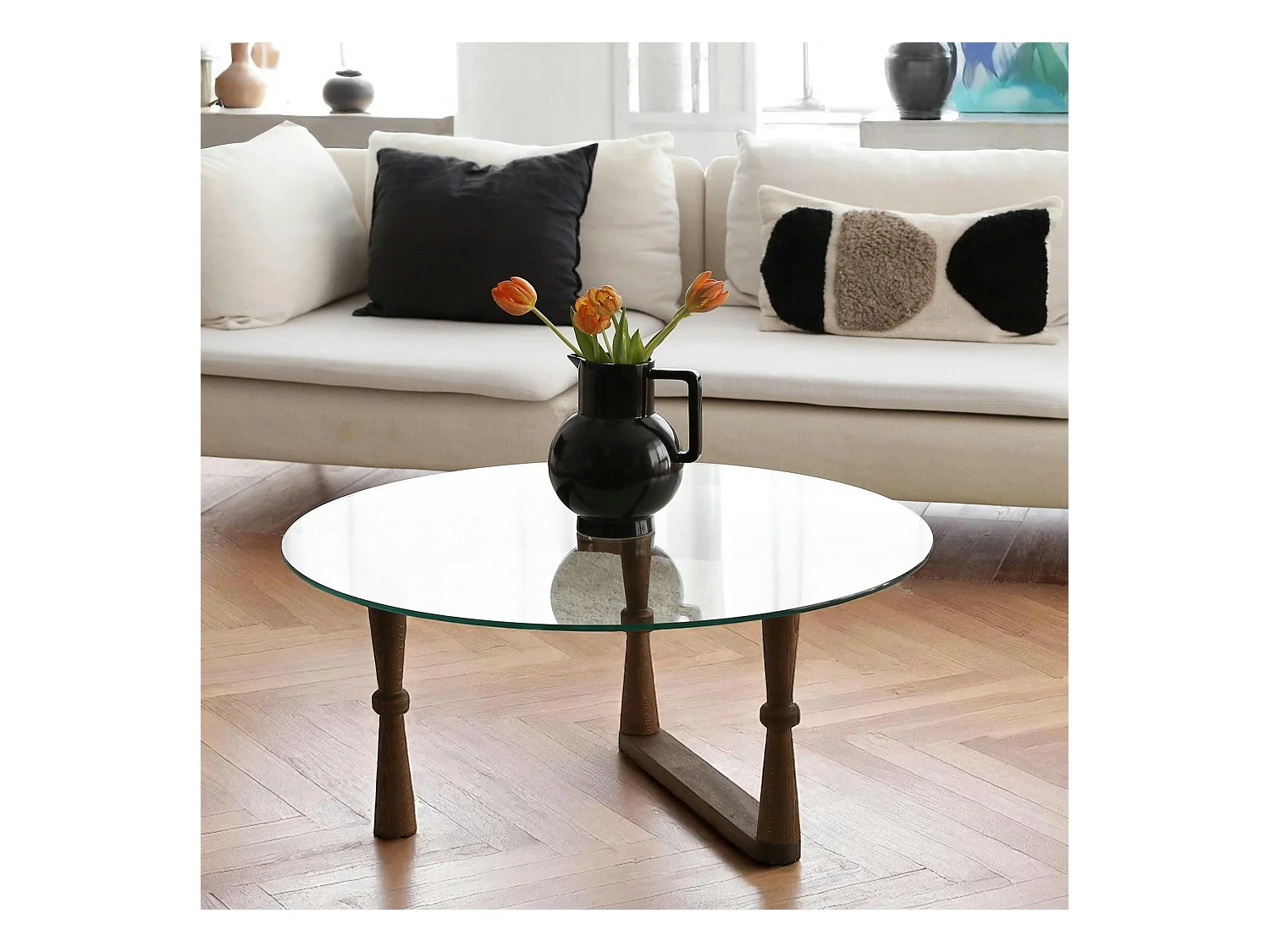 Table basse en verre ronde - pied bois sculpté BOMA