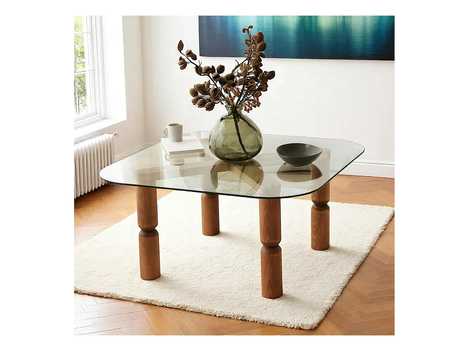 Table basse carrée en verre - pieds bois marron sculpté BOMA