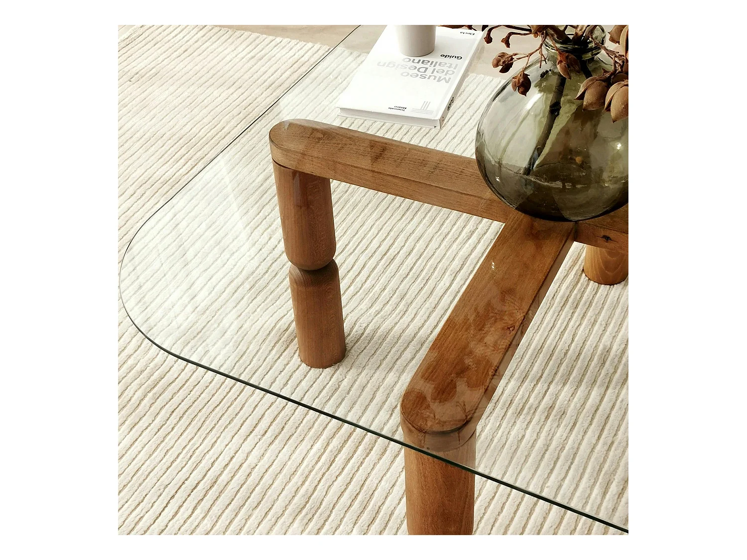 Table basse carrée en verre - pieds bois marron sculpté BOMA