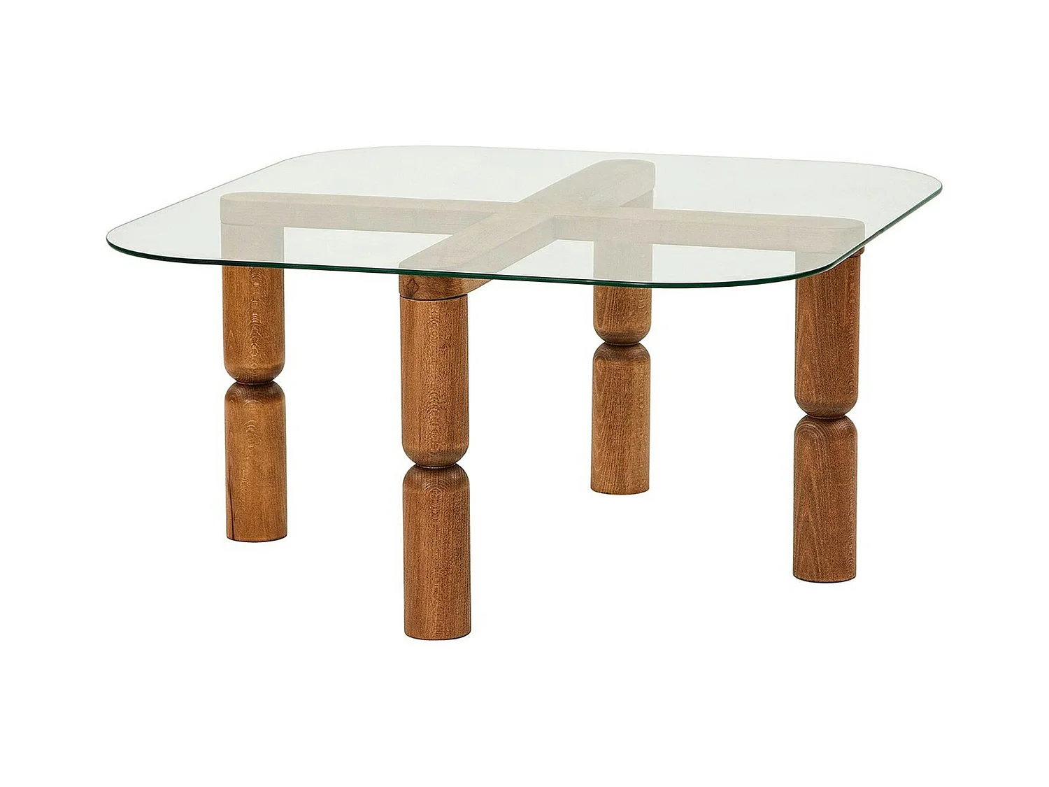 Table basse carrée en verre - pieds bois marron sculpté BOMA
