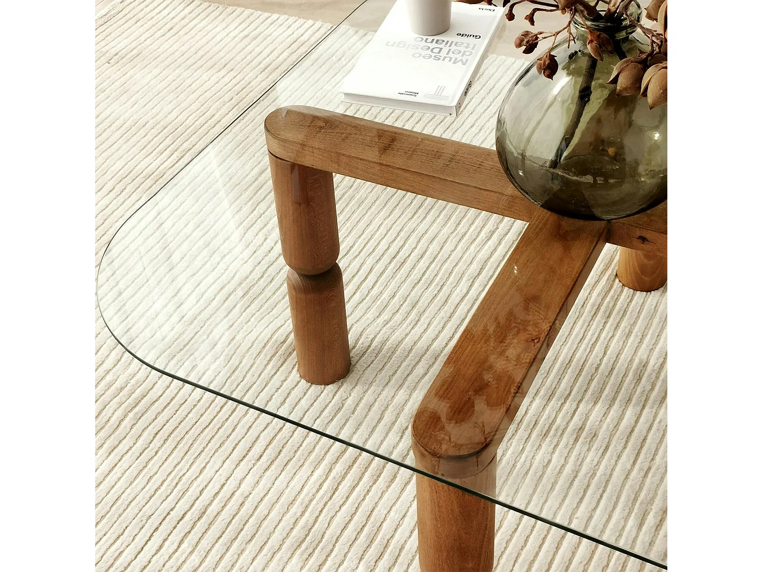 Table basse carrée en verre - pieds bois marron sculpté BOMA