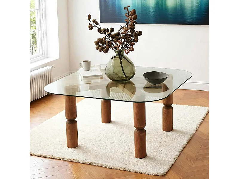 Table basse carrée en verre - pieds bois marron sculpté BOMA