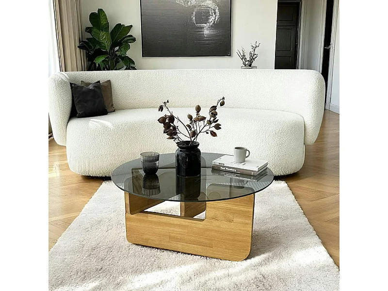 Table basse design en verre fumé – pied bois clair ANZIO