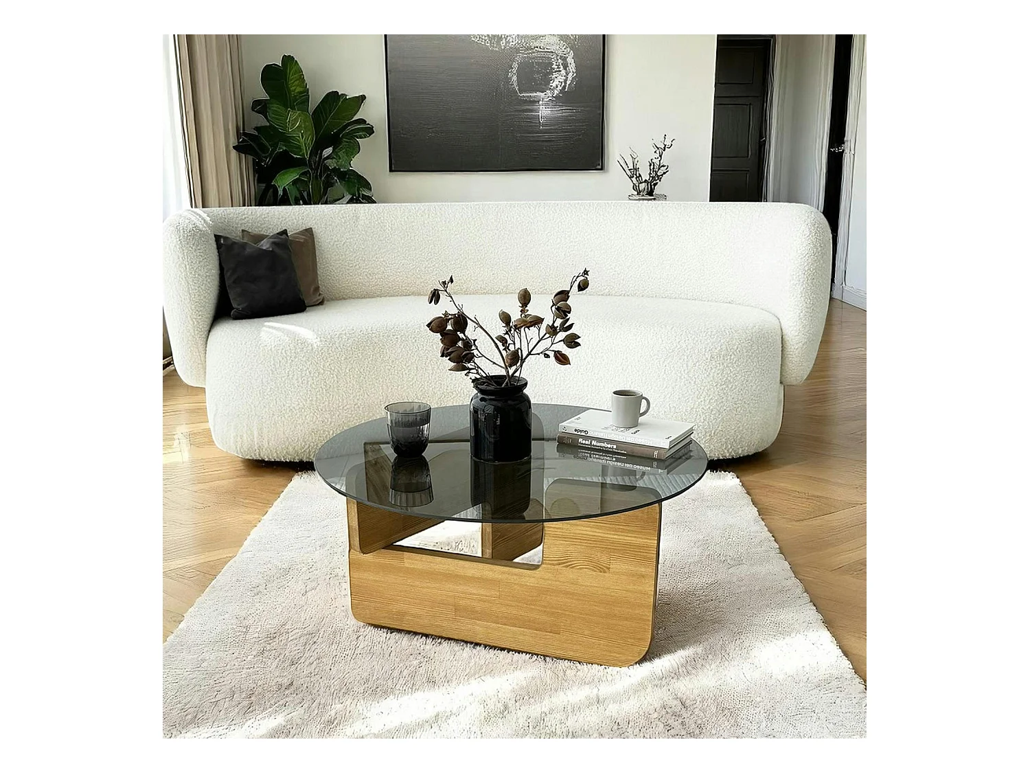 Table basse design en verre fumé – pied bois clair ANZIO