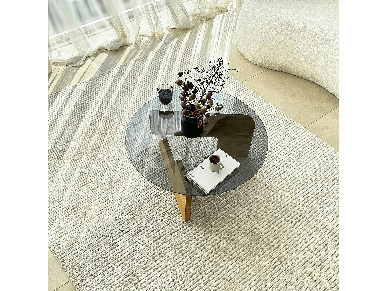 Table basse design en verre fumé – pied bois clair ANZIO