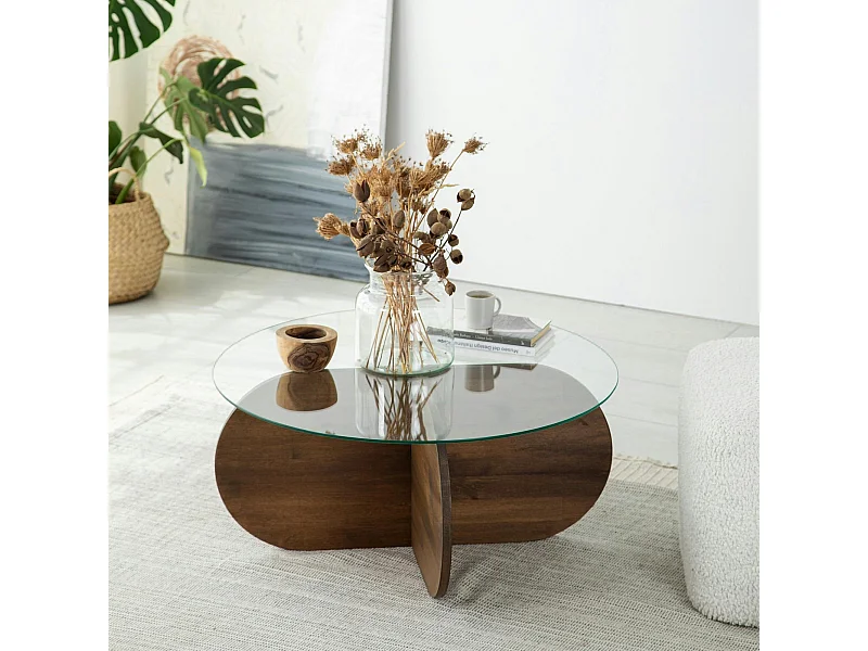 Table basse en verre – pied en croix bois brun ANZIO