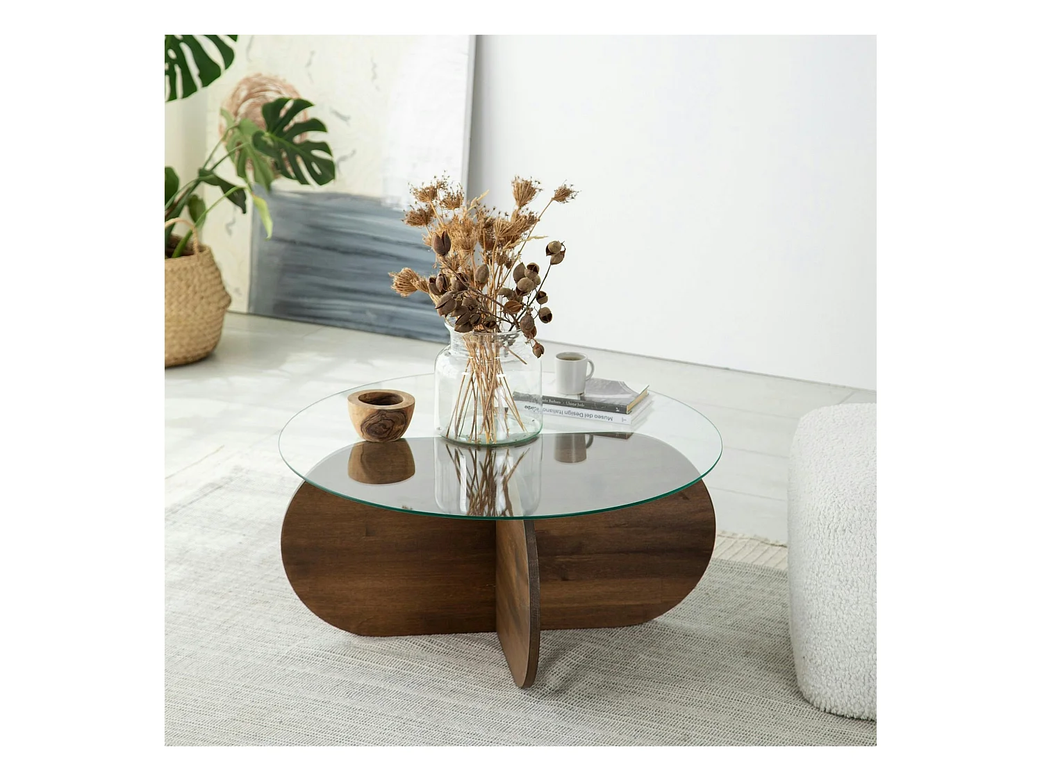 Table basse en verre – pied en croix bois brun ANZIO